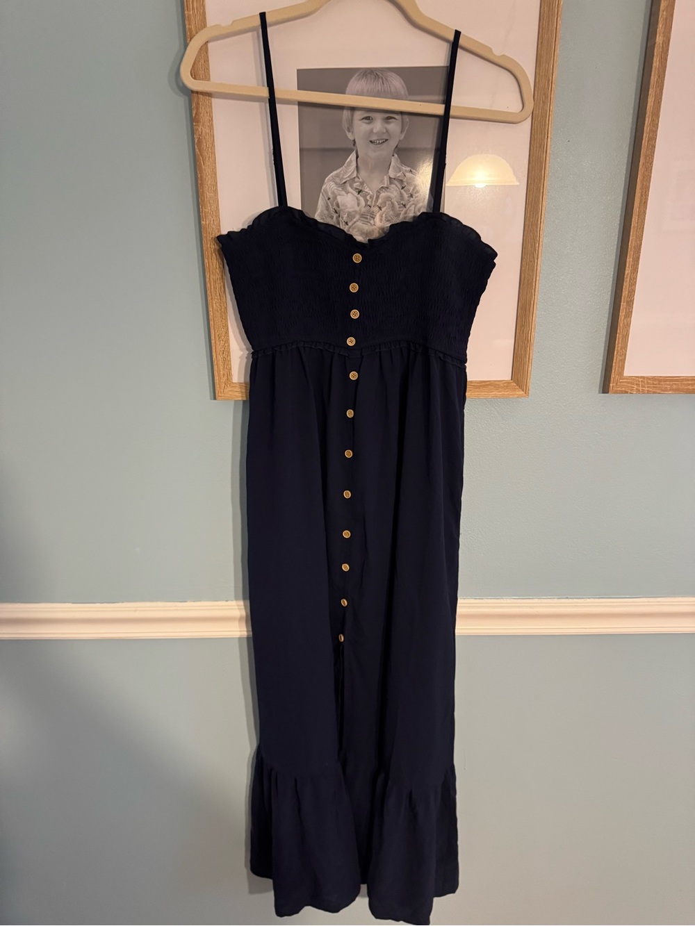 Women’s Navy Button-Front Maxi Dress with Smocked Bodice - Picture 3 of 5